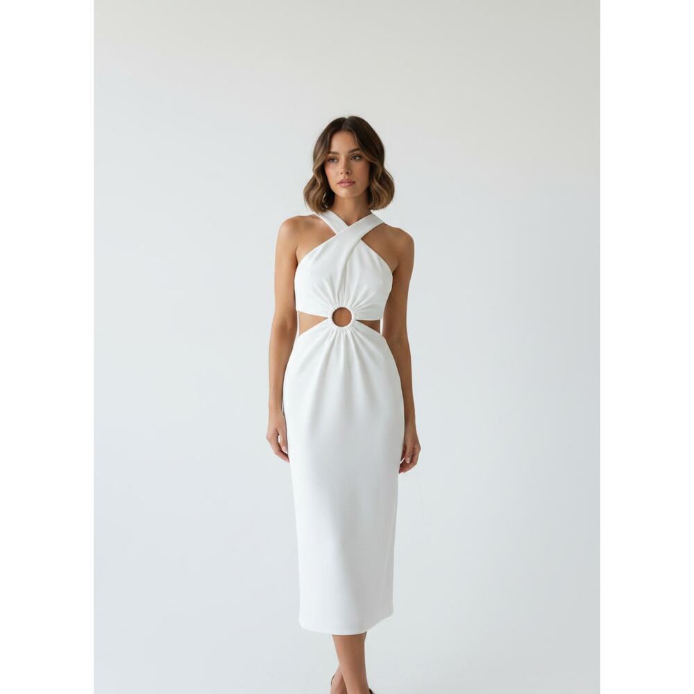 French Connection White Ring-Waist Cross-Back Mini Dress On Sale 70% off $138